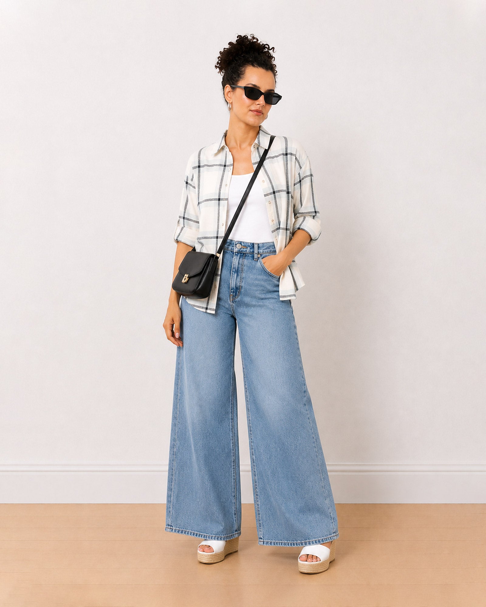 Gazillion Barbara powder blue checks oversized cotton shirt for women, full length front view