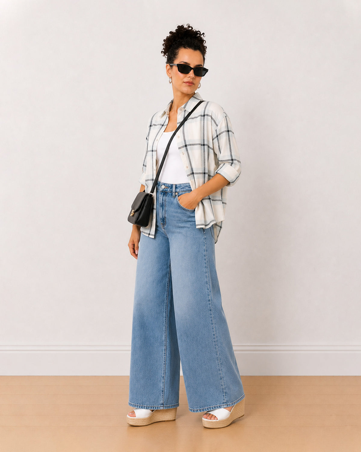 Barbara powder blue checks oversized shirt worn open, front view with the drop shoulder