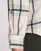 Barbara sage green 100% cotton checks shirt cuff detail with the sleeve rolled back