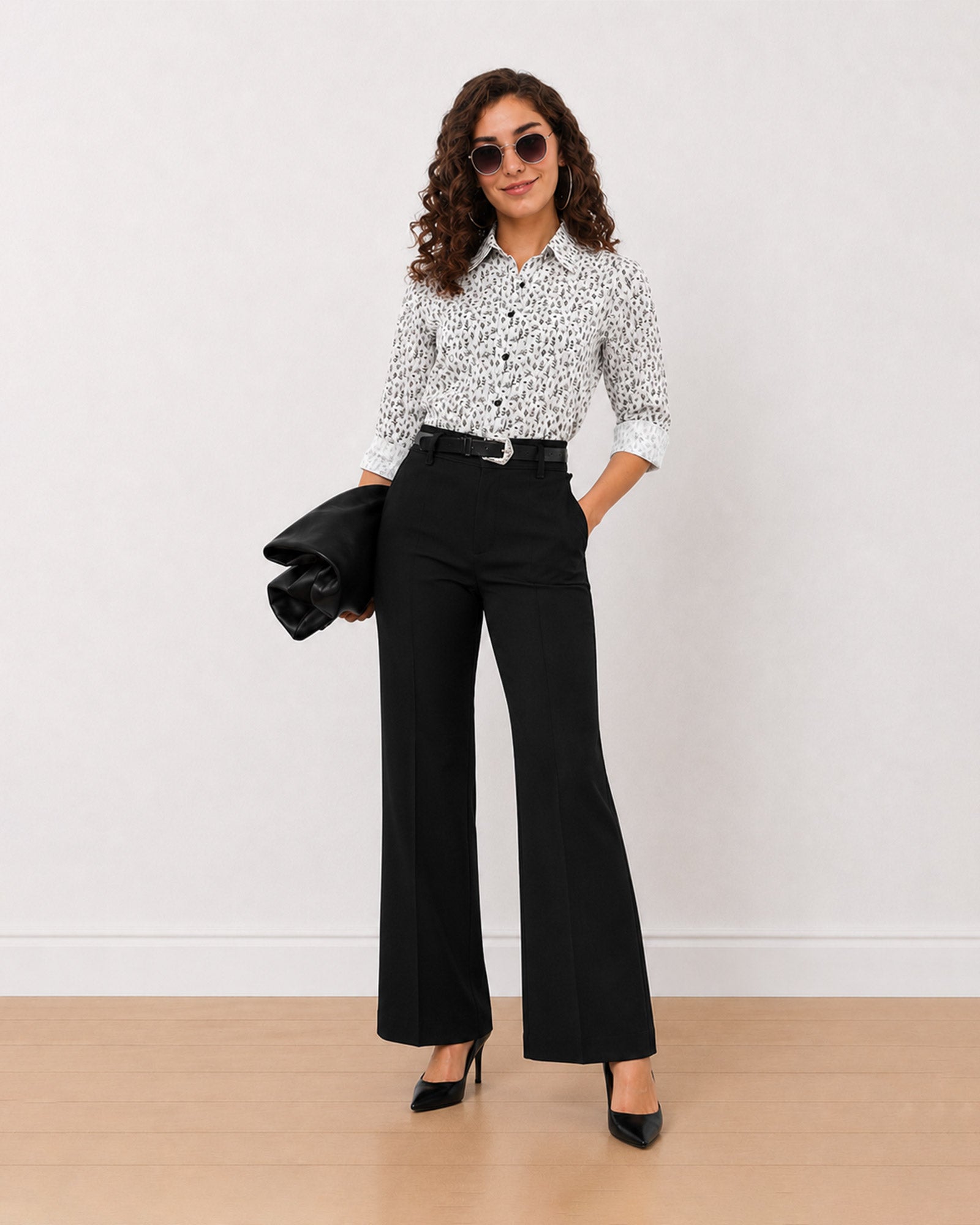 Gazillion Barilla black and white floral print 100% cotton shirt for women, front with curved hem