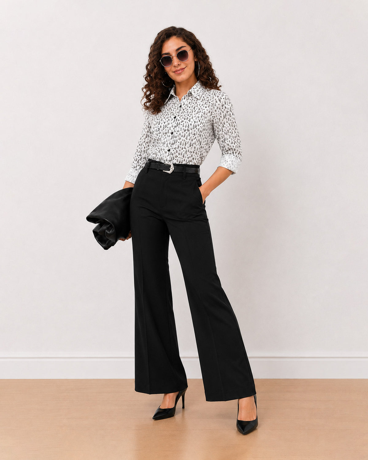 Barilla black and white floral print cotton shirt worn loose with hidden dignity buttons