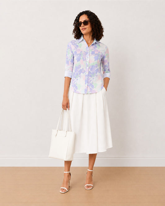 Gazillion Beaa mint green and lavender floral print cotton shirt for women, front with curved hem