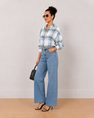 Beatrice powder blue checks oversized shirt, angled front view with the drop shoulder
