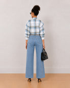 Beatrice powder blue brushed cotton checks shirt back view with the long curved hem