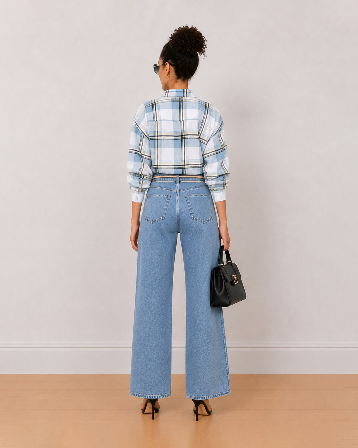 Beatrice powder blue brushed cotton checks shirt back view with the long curved hem