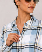 Beatrice powder blue 100% cotton checks collar close-up with hidden dignity buttons
