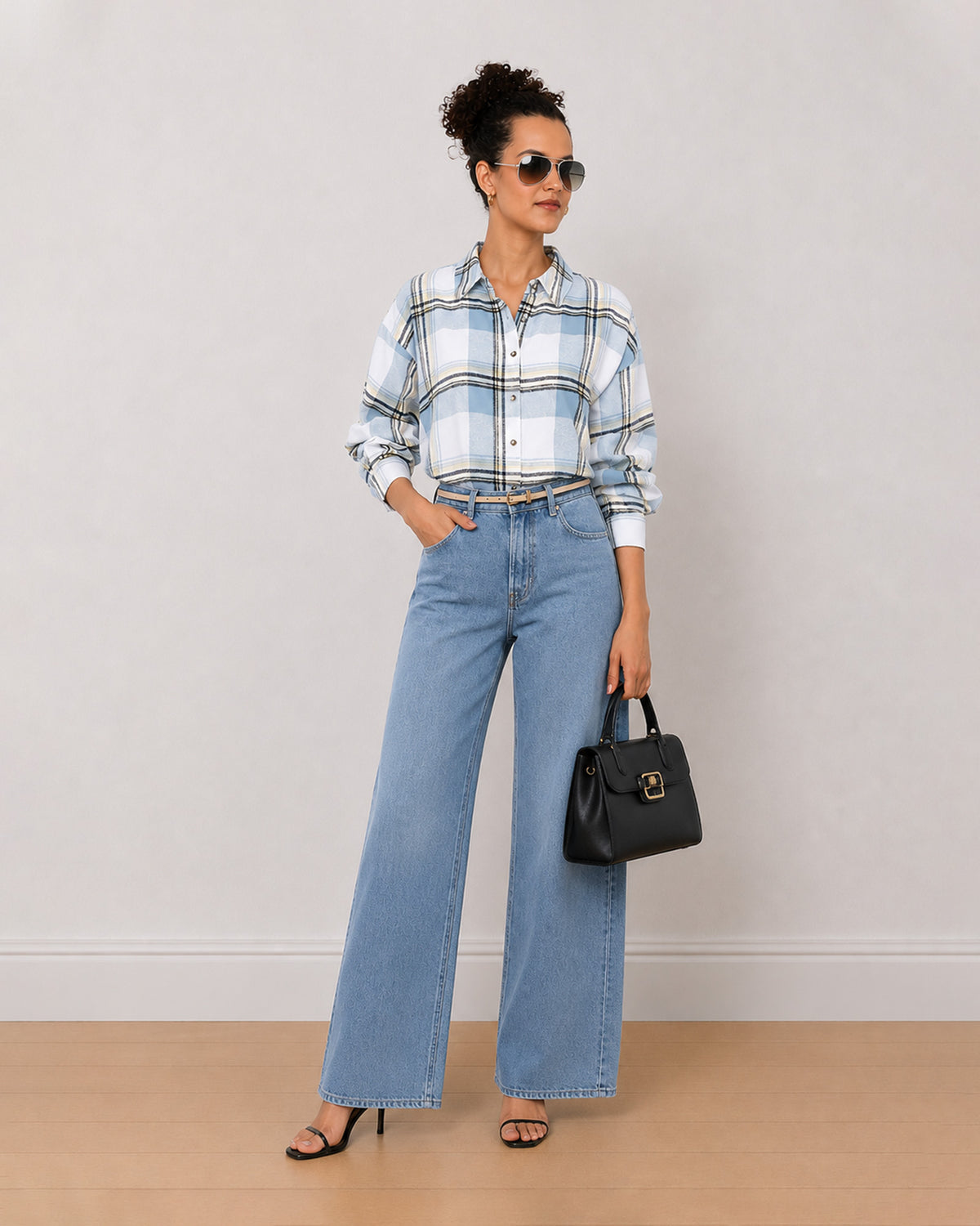 Gazillion Beatrice powder blue checks oversized cotton shirt for women, full length front view