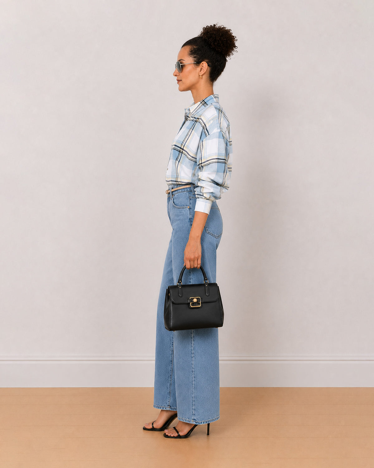 Beatrice powder blue brushed cotton checks shirt side view with the oversized fit
