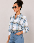 Beatrice powder blue checks shirt front detail with the sleeves rolled back