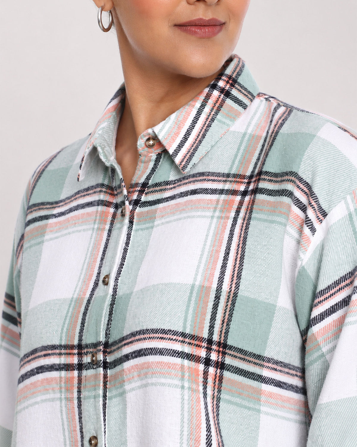 Beatrice sage green brushed cotton checks collar with tan hidden dignity buttons
