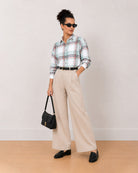 Beatrice sage green checks oversized shirt worn half tucked with the drop shoulder