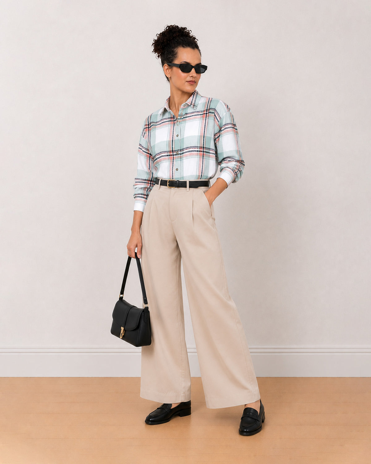 Beatrice sage green checks oversized shirt worn half tucked with the drop shoulder