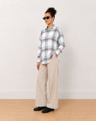Gazillion Beatrice sage green checks oversized cotton shirt for women, full length front view