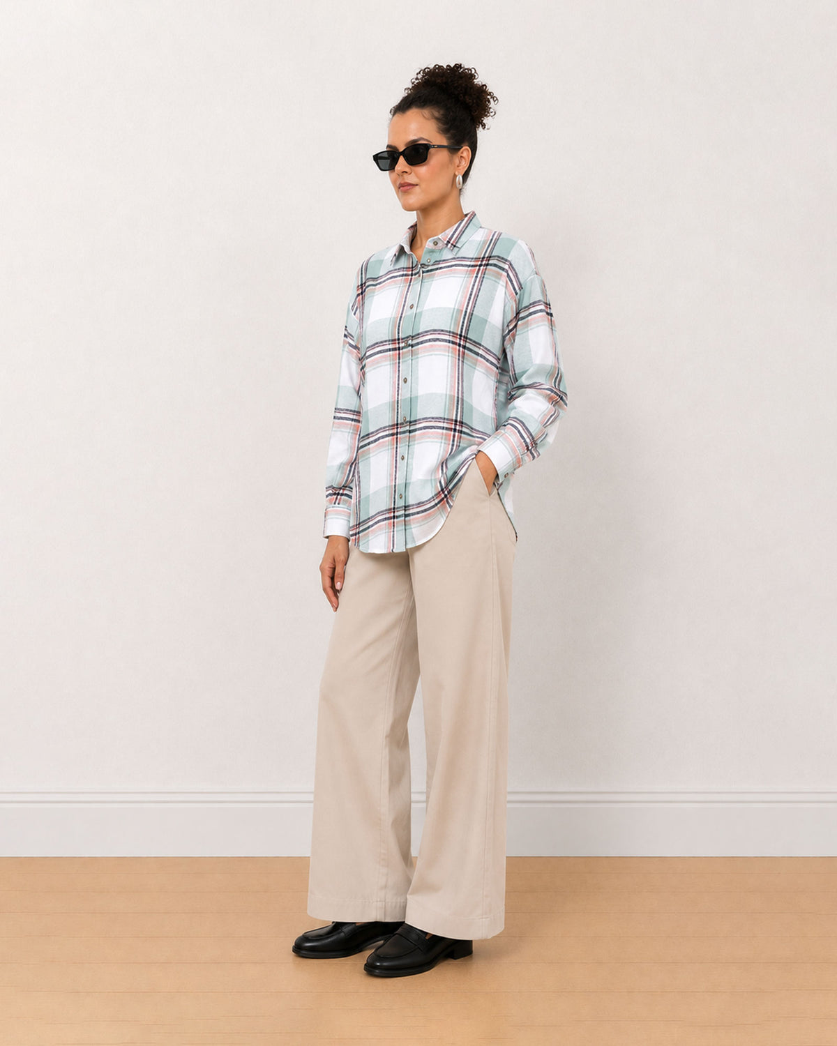 Gazillion Beatrice sage green checks oversized cotton shirt for women, full length front view