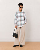 Beatrice sage green brushed cotton checks shirt worn loose with the long curved hem