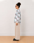 Beatrice sage green brushed cotton checks shirt side view with the drop shoulder