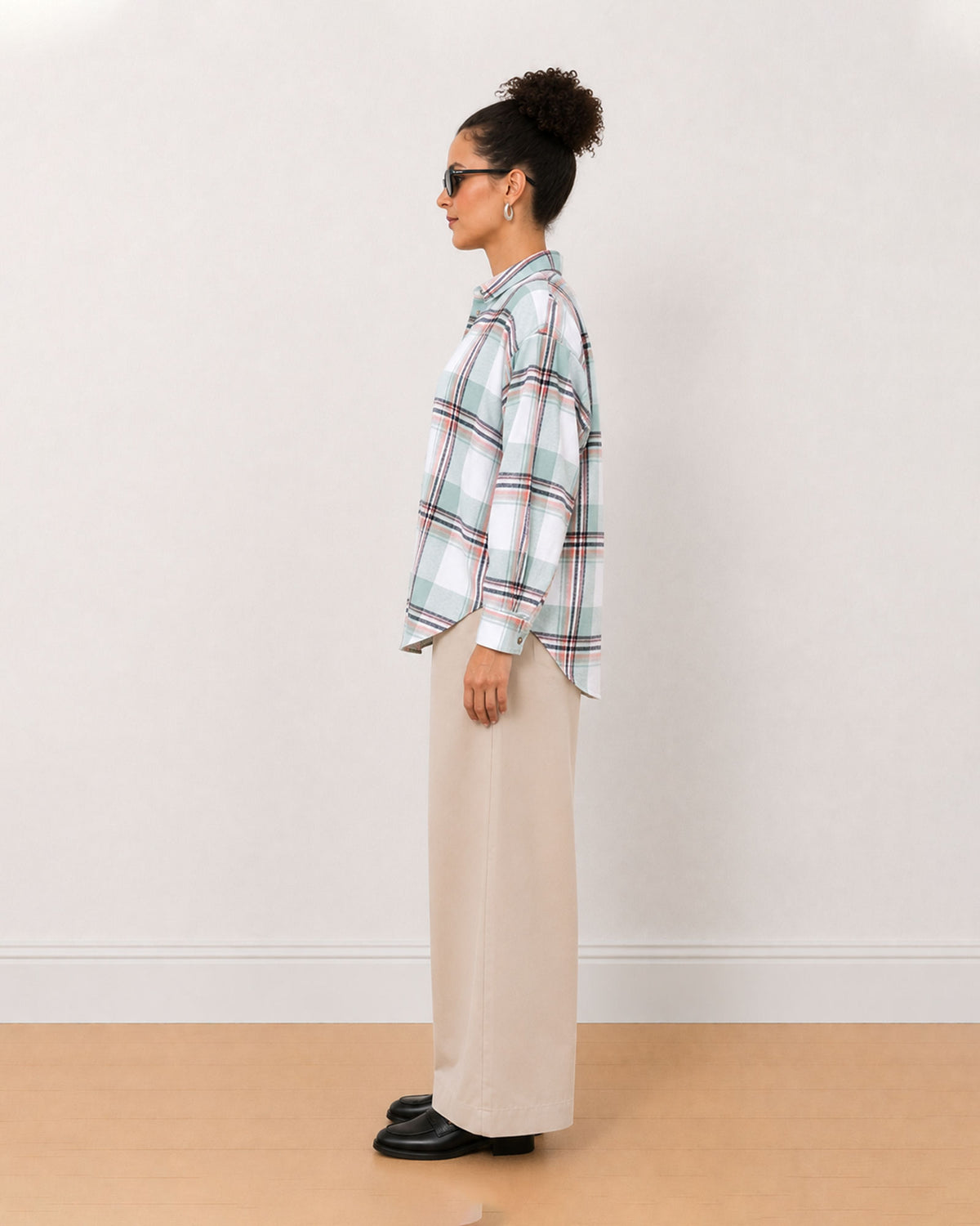 Beatrice sage green brushed cotton checks shirt side view with the drop shoulder