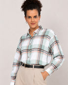 Beatrice sage green 100% cotton brushed checks shirt front detail with full sleeves