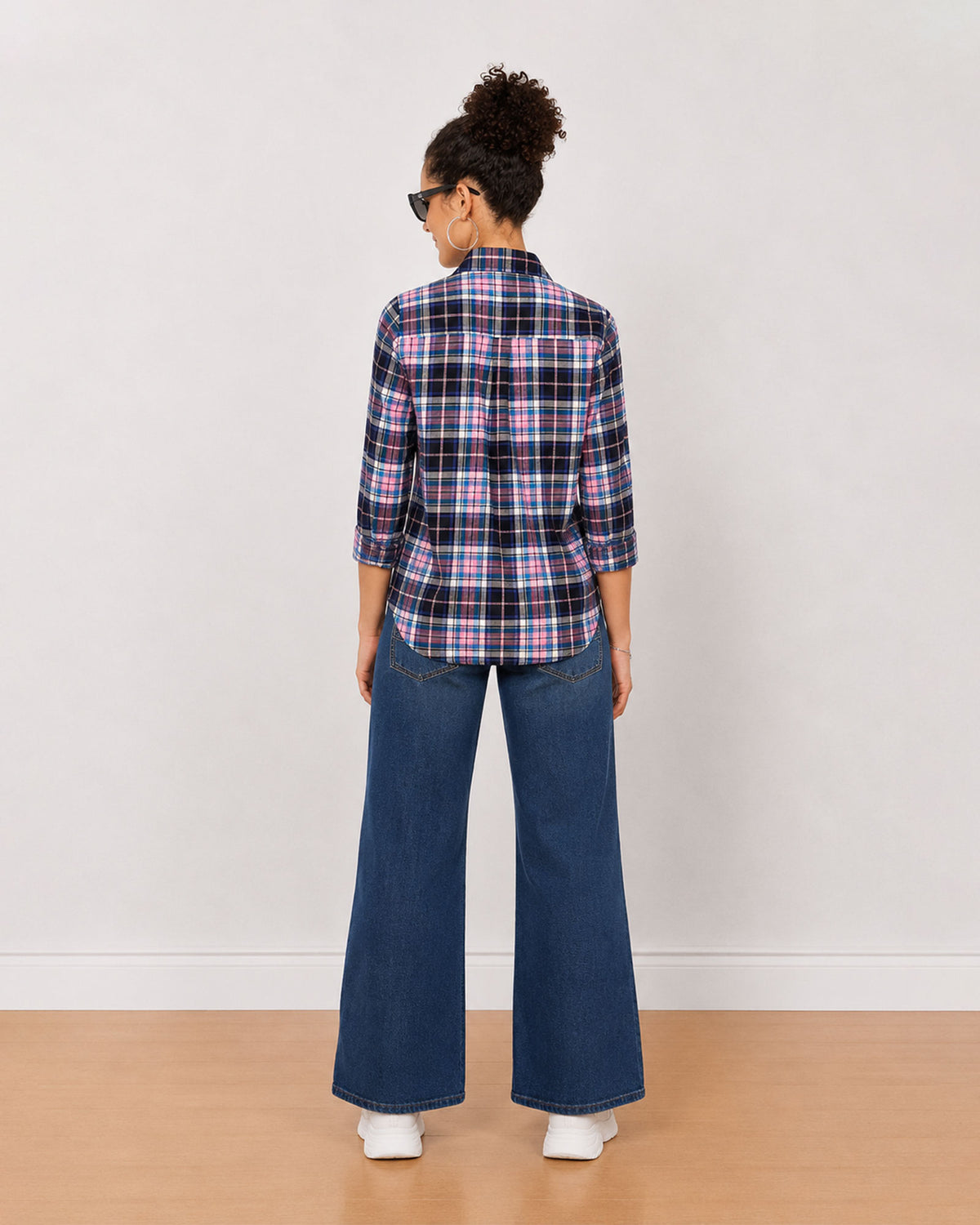 Beauty pink and black checks shirt back view with the centre back pleat