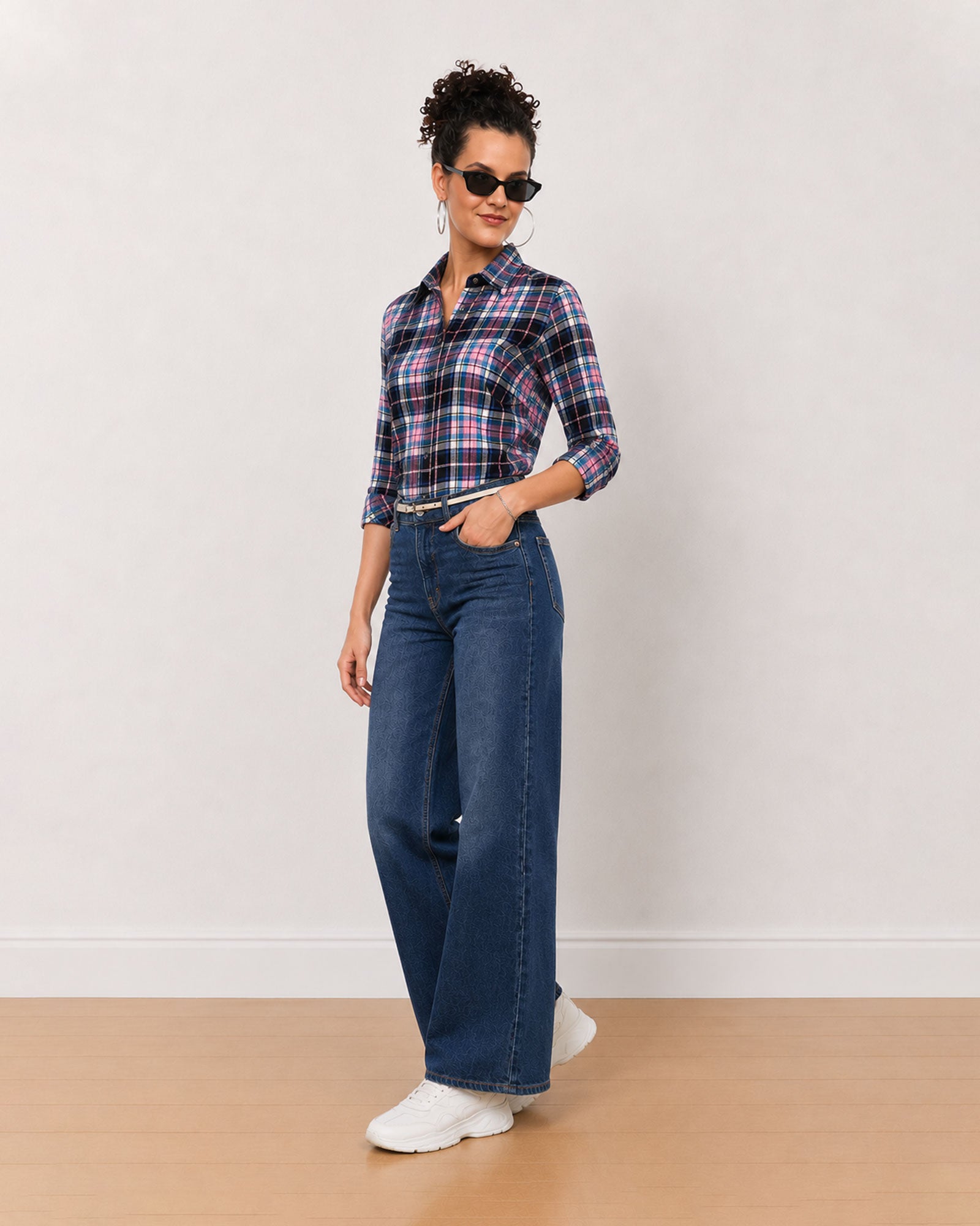 Gazillion Beauty pink and black checks shirt for women, full length front view with curved hem