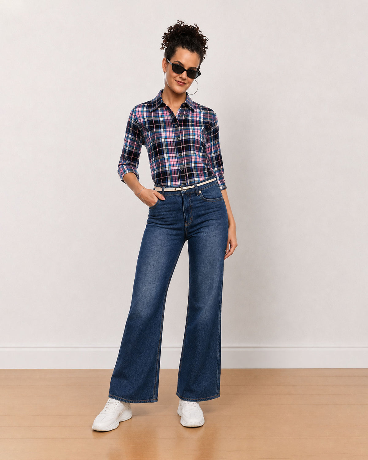 Beauty pink and black checks shirt worn loose, front view of the office casual fit