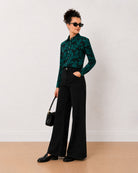 Beca dark green floral print cotton shirt, angled front view with full sleeves