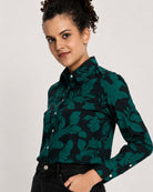 Beca dark green floral print shirt, angled waist up view of the collar and cuffs