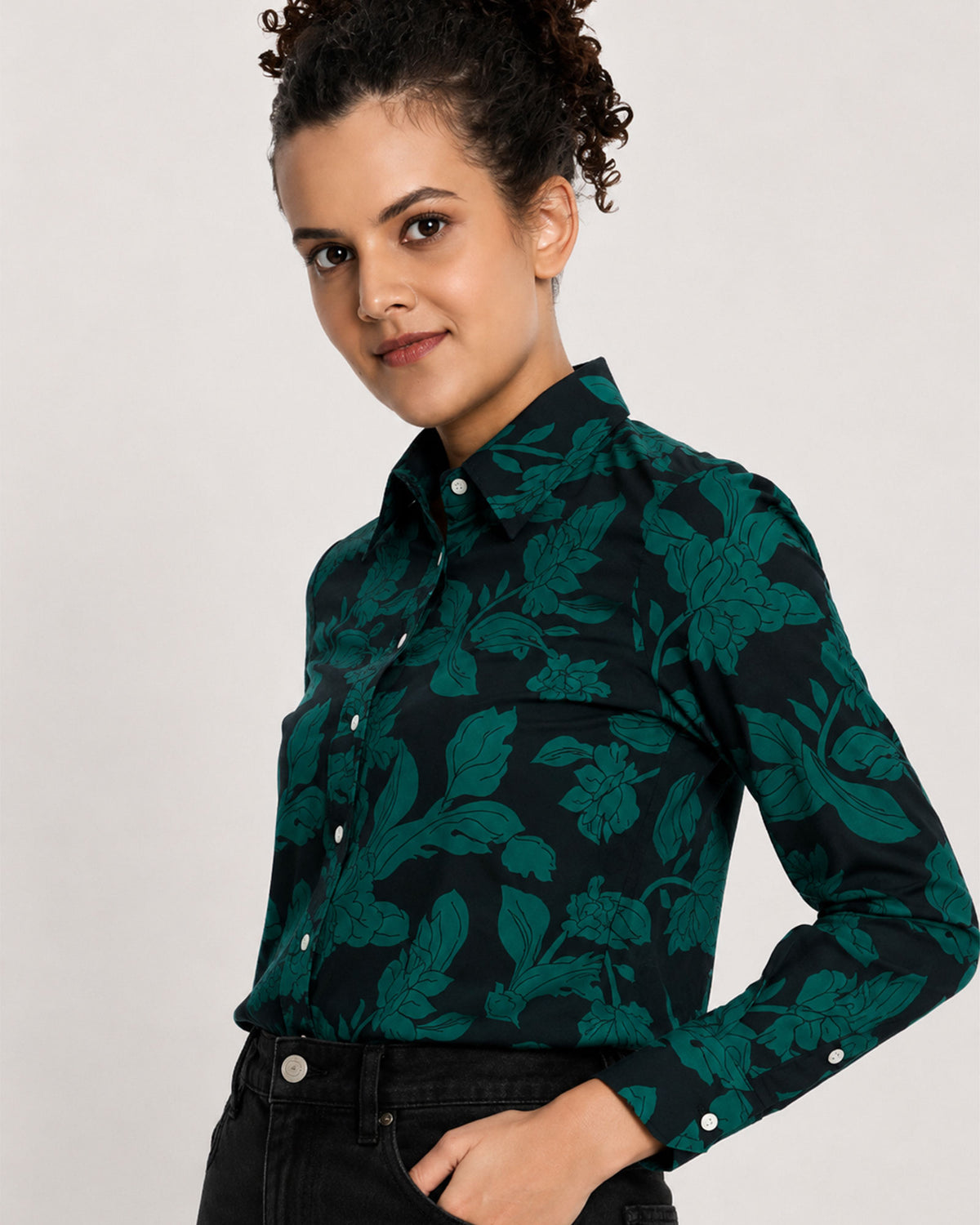 Beca dark green floral print shirt, angled waist up view of the collar and cuffs