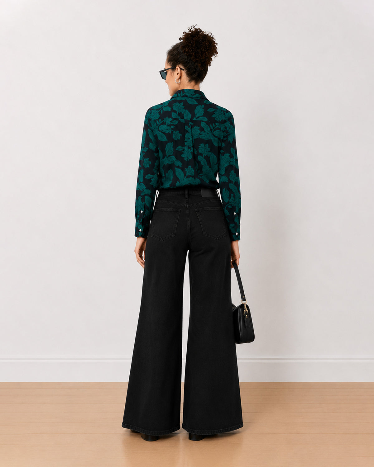 Beca dark green floral print cotton shirt back view with the centre back pleat