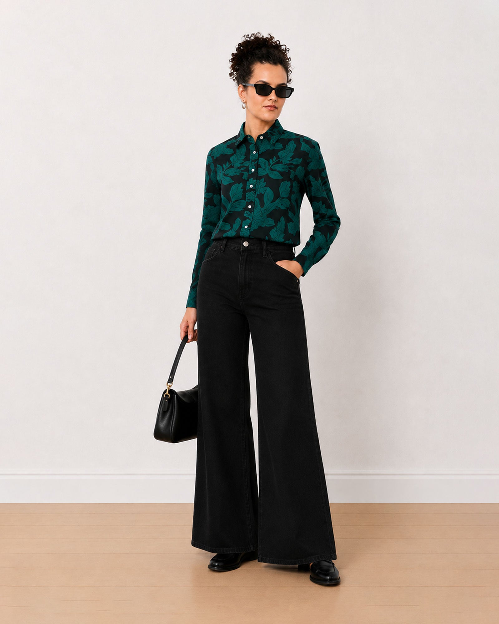 Gazillion Beca dark green floral print 100% cotton shirt for women, full length front view