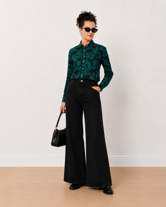 Gazillion Beca dark green floral print 100% cotton shirt for women, full length front view