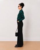 Beca dark green floral print cotton shirt side view with the curved hem