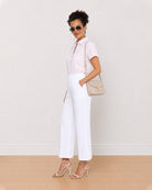 Becky pink and white striped shirt, angled front view with the half sleeves