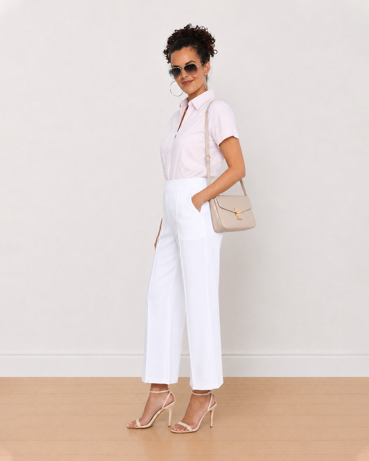 Becky pink and white striped shirt, angled front view with the half sleeves