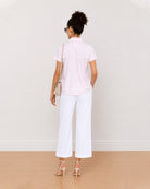 Becky pink and white striped shirt back view with gathers at the yoke