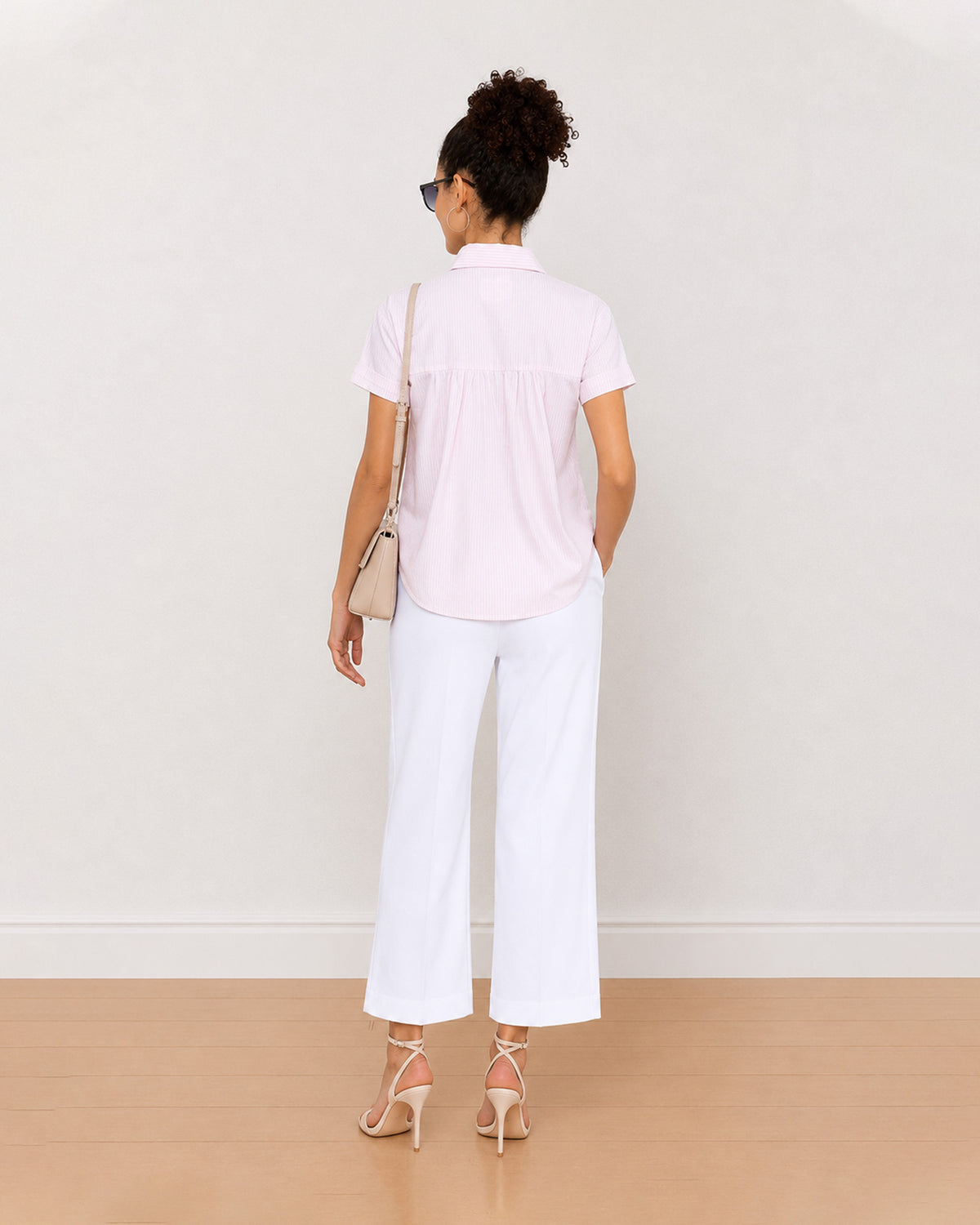 Becky pink and white striped shirt back view with gathers at the yoke