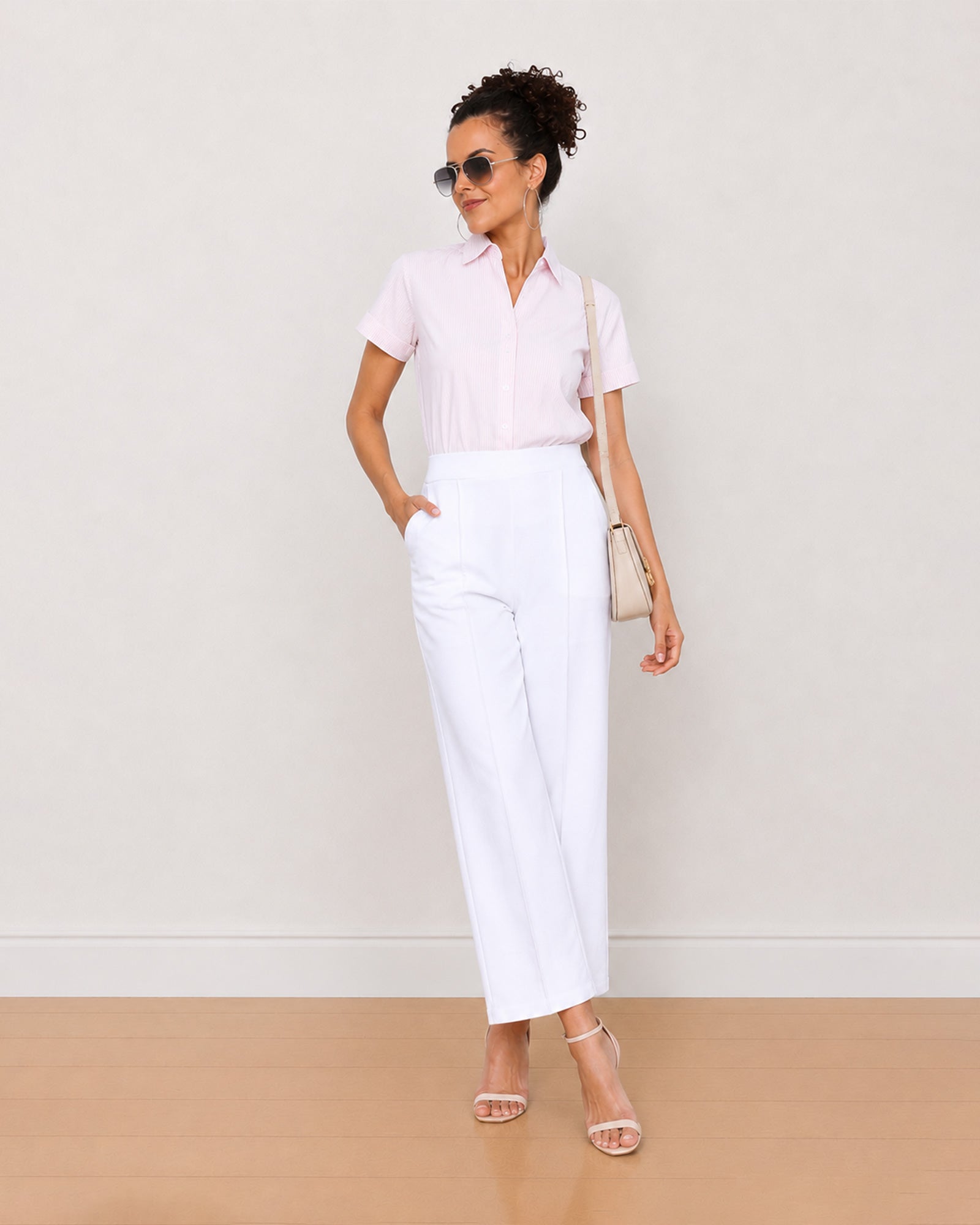Gazillion Becky pink and white striped oxford cotton shirt for women, full length front view