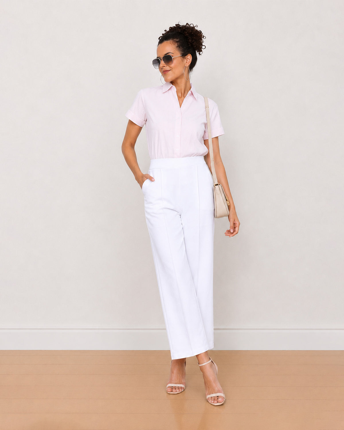 Gazillion Becky pink and white striped oxford cotton shirt for women, full length front view