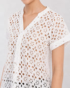 Belinda white 100% cotton schiffli cutwork lace stand collar with V-neck close-up