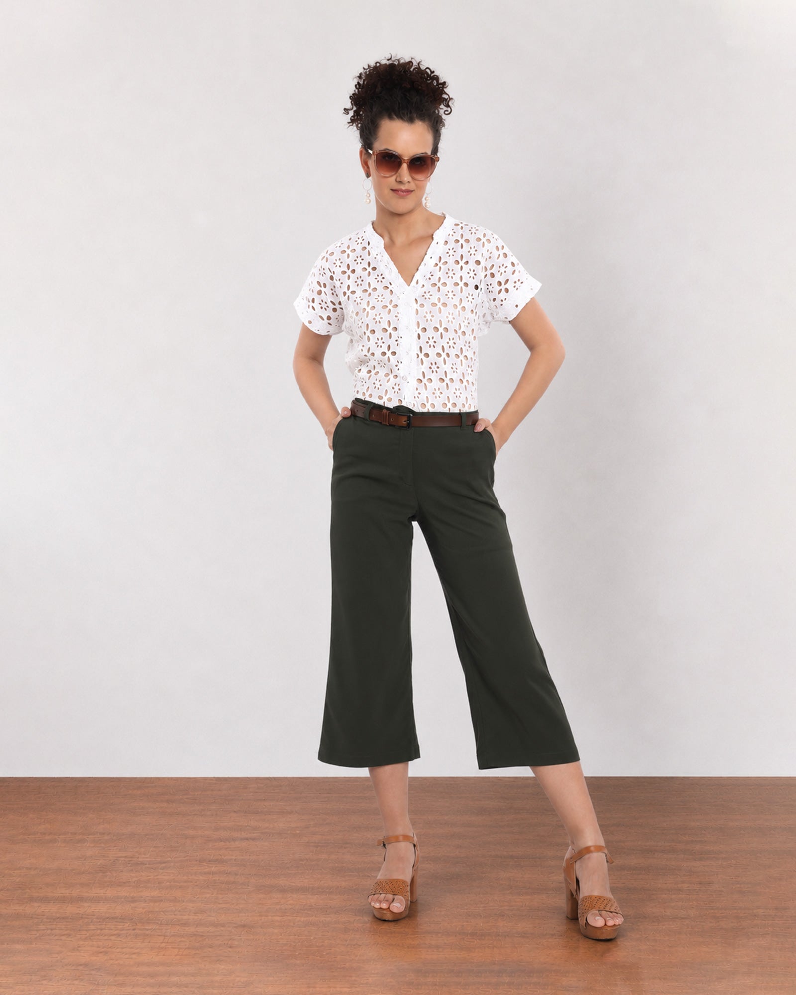 Gazillion Belinda white schiffli cutwork lace top for women, full length front view with the curved hem