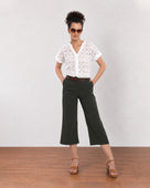 Gazillion Belinda white schiffli cutwork lace top for women, full length front view with the curved hem