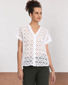 Belinda white schiffli lace top front detail, boxy fit with extended shoulders