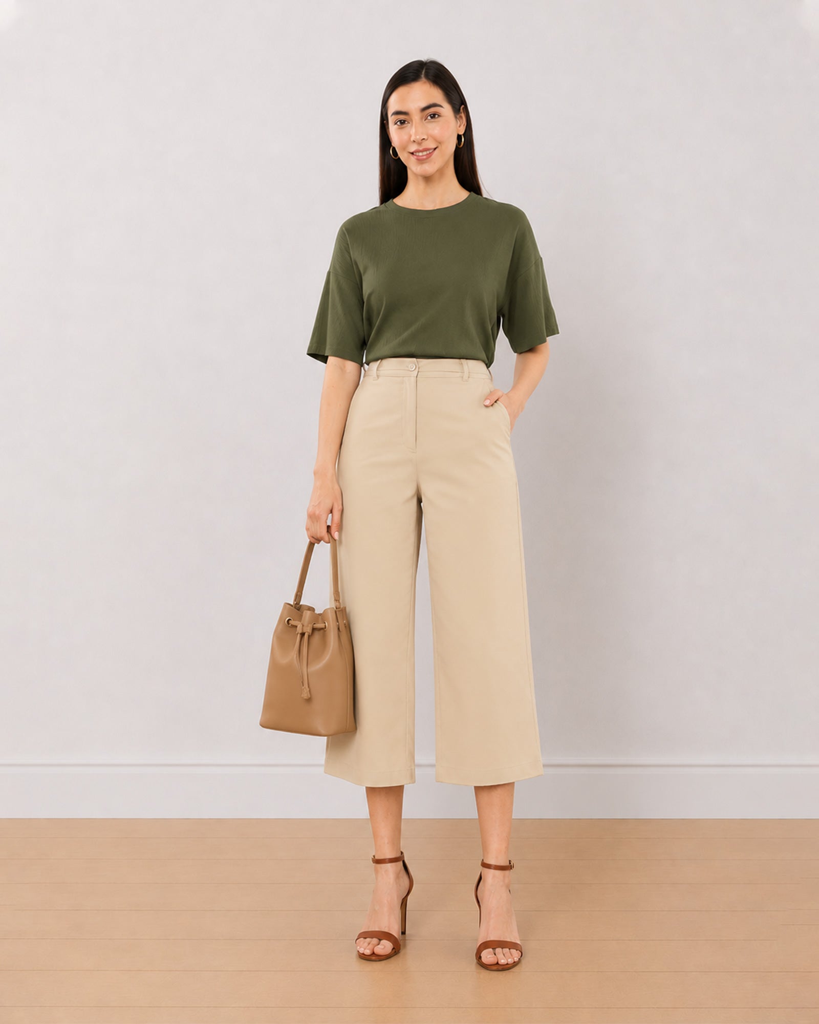 Gazillion Bella beige soft touch viscose rayon 3/4th straight pants for women, medium waist