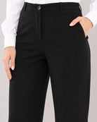 Bella black pants waistband close-up with button and zip opening and side cross pocket
