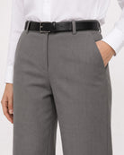 Bella grey medium waist pants close-up of the belt loops and side cross pocket