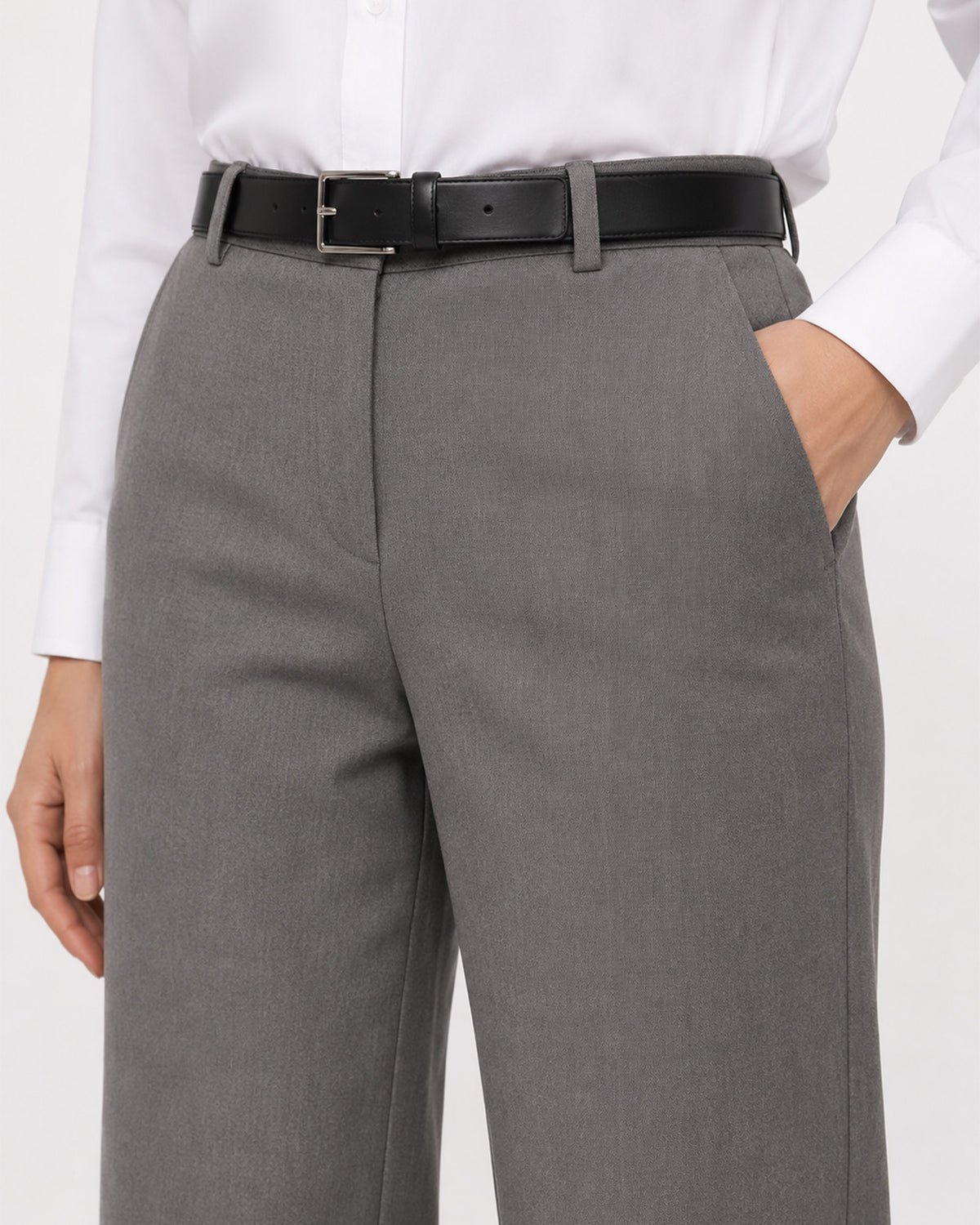 Bella grey medium waist pants close-up of the belt loops and side cross pocket