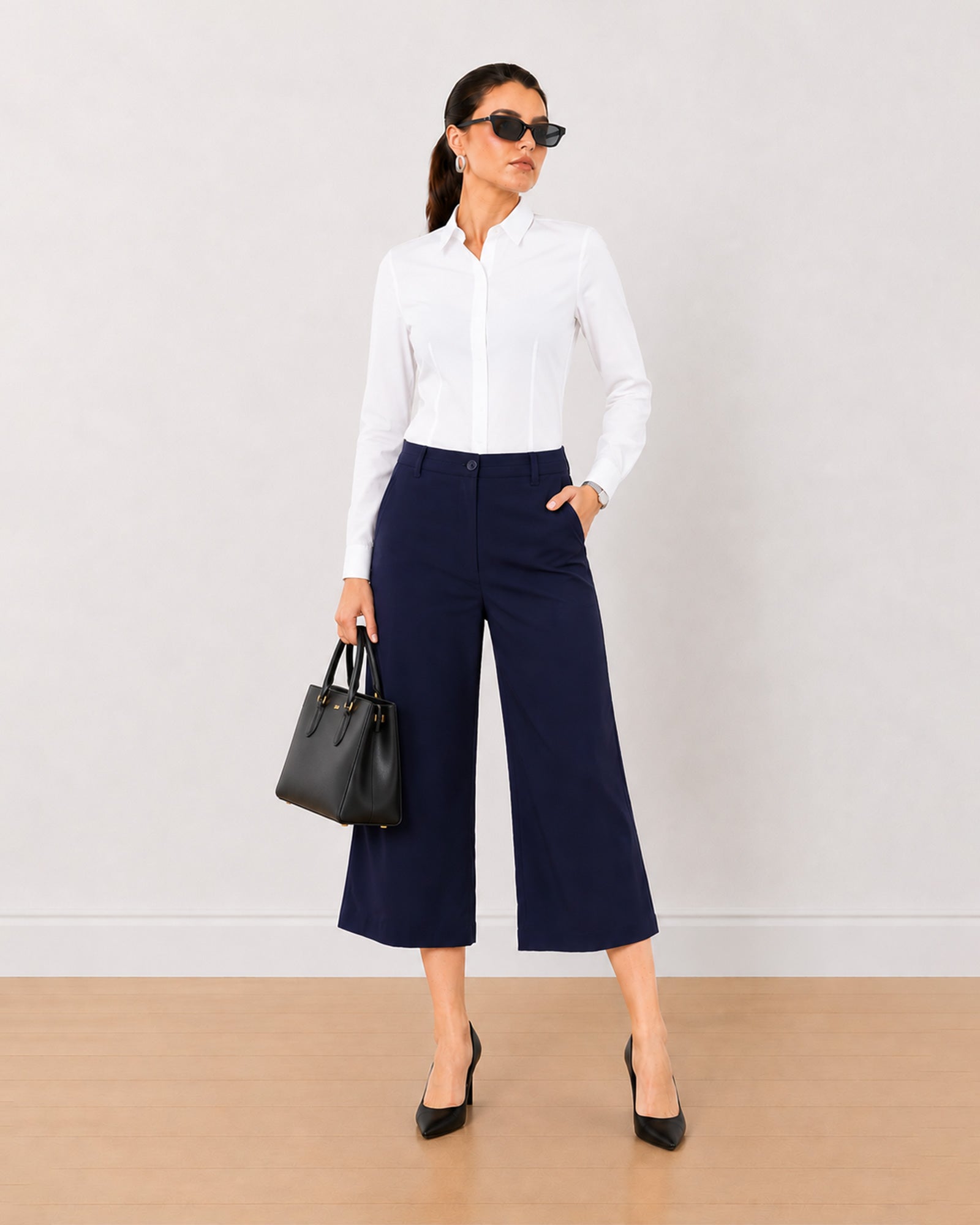 Gazillion Bella navy blue soft touch viscose rayon 3/4th straight pants for women, medium waist