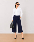Gazillion Bella navy blue soft touch viscose rayon 3/4th straight pants for women, medium waist