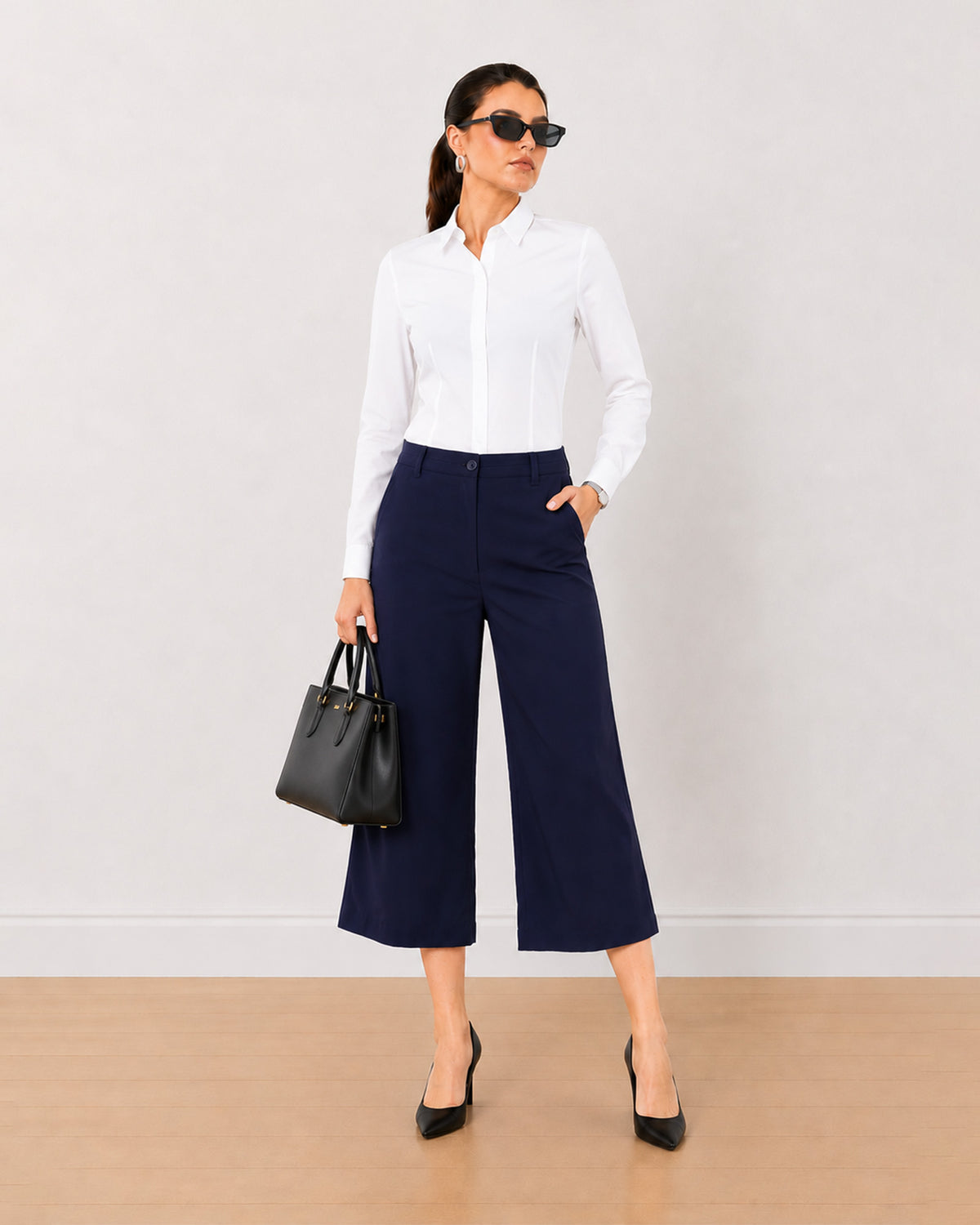 Gazillion Bella navy blue soft touch viscose rayon 3/4th straight pants for women, medium waist