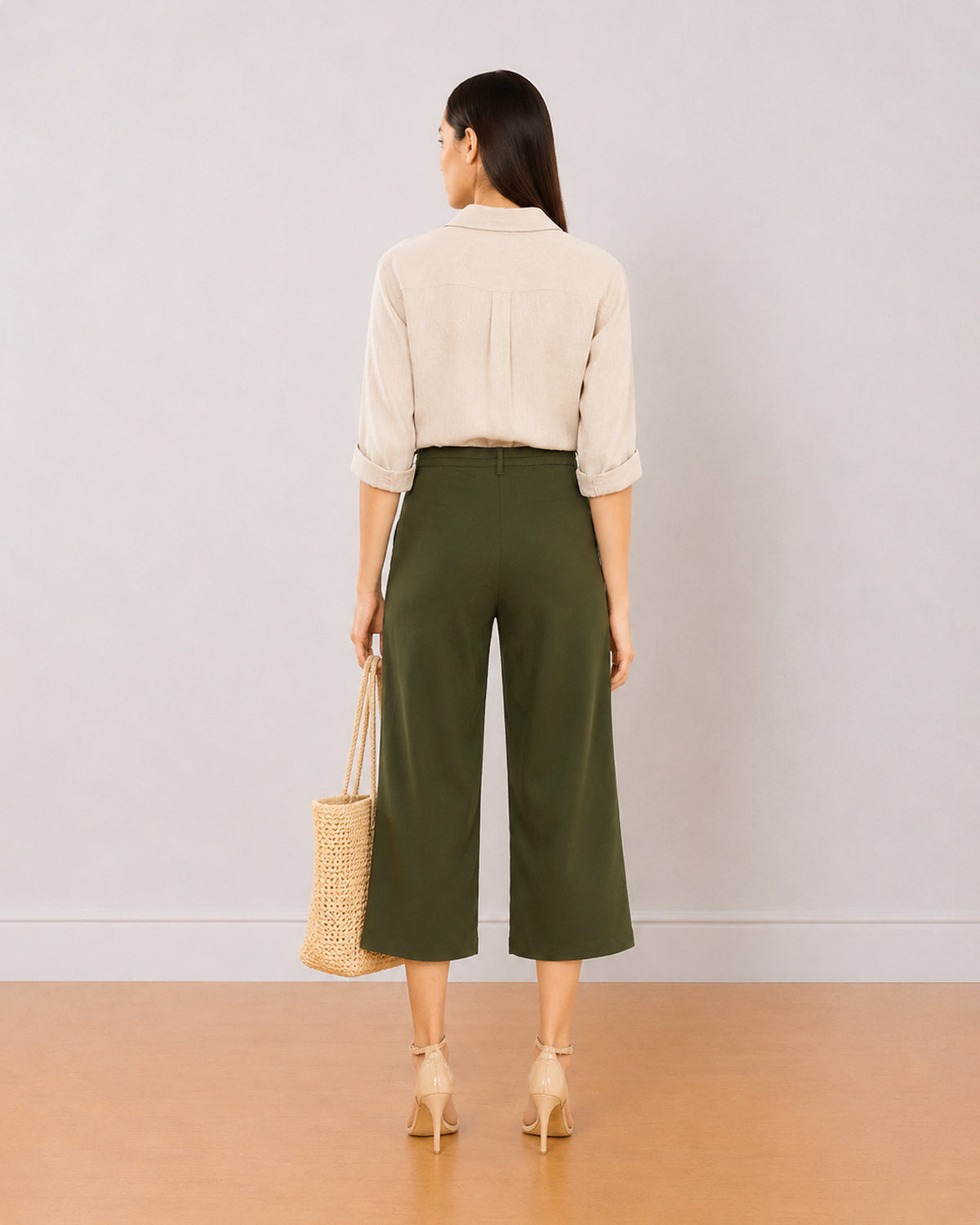 Bella olive green 3/4th straight pants back view with medium waist and straight leg
